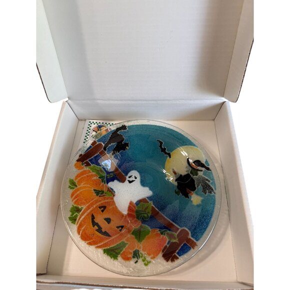 Peggy Karr Fused Glass 8.25" Halloween Bowl With Ghost Witch Pumpkin Design - Picture 1 of 7